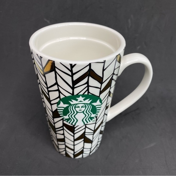 Starbucks Mug Siren Mermaid Logo Metallic White Black Gold 6" Latte Coffee 14oz - Picture 2 of 6